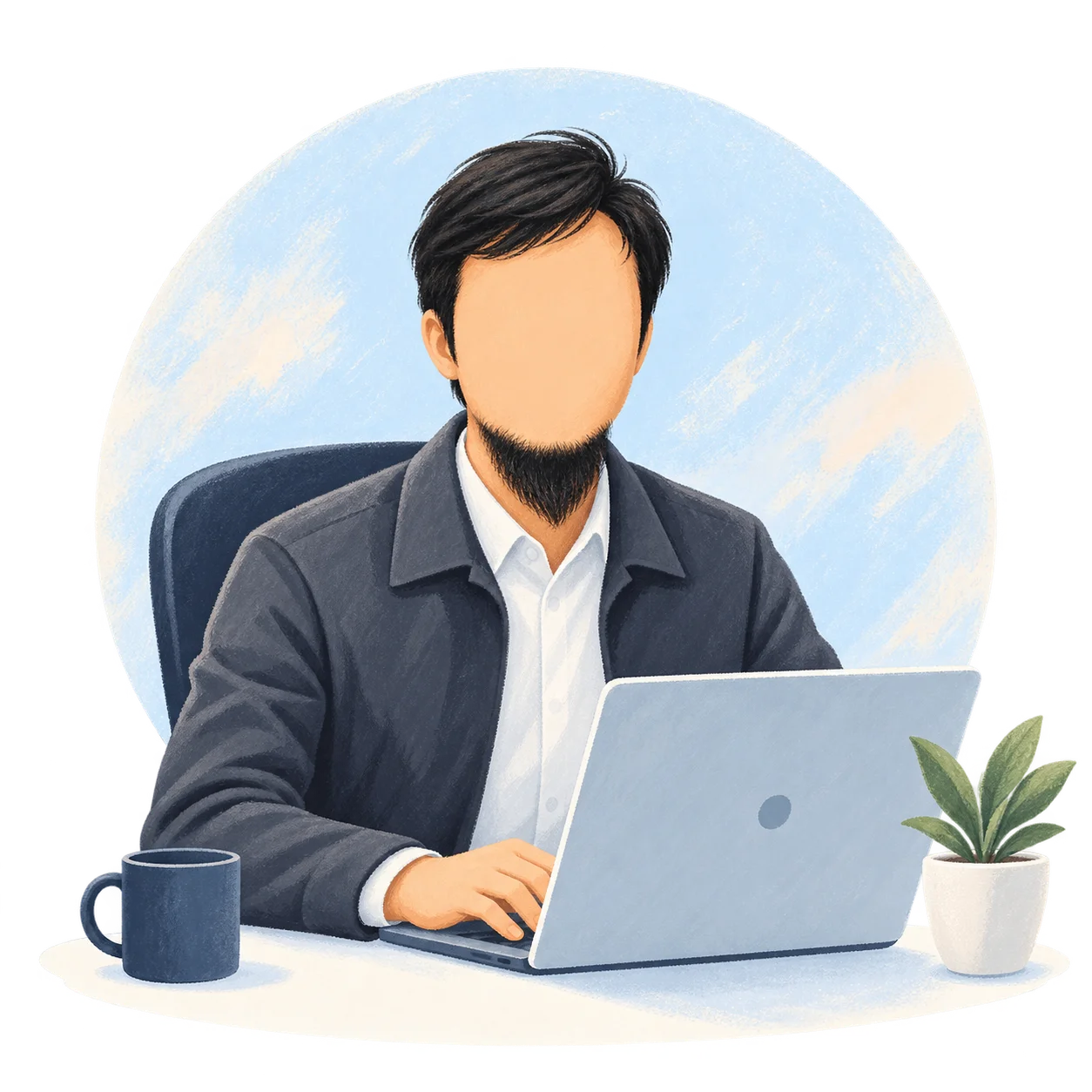 Masadri bekerja di depan laptop